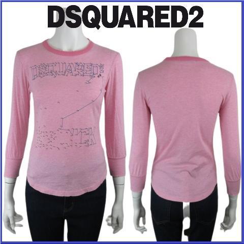 ディースクエアード Tシャツ カットソー ロゴ ダメージ加工 DSQUARED2 トップス ユーズド加工 長袖 クルーネック サイズXS ピンク_画像1