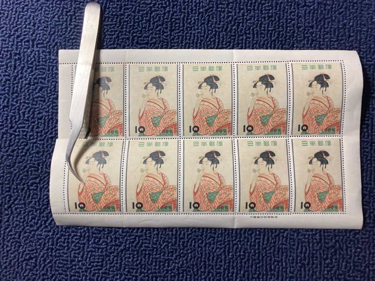 切手趣味週間　ビードロを吹く女、市川海老蔵 写楽切手シート2種　写楽単品5枚