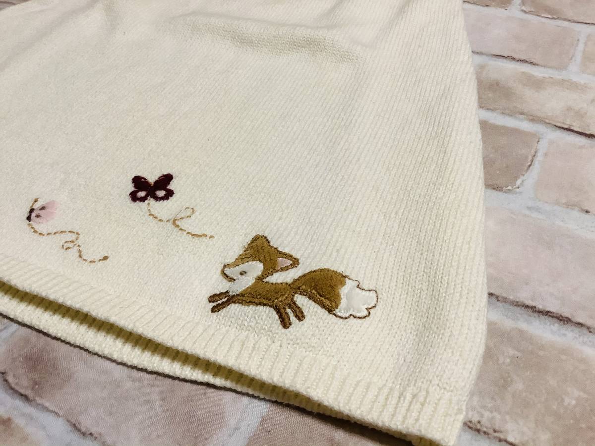 U_Baby-819【美品】Gymboree/ワンピース/80cm/US12-18mos/クリーム/パフスリーブ/きつね/刺繍/ニット/子供服/クリーニング済み/送料無料