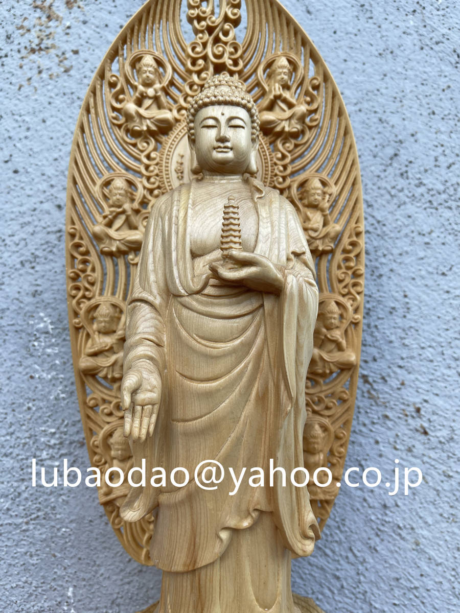 海外限定】 仏像 木彫 薬師仏 専属光背 八角台座 職人手作 43cm8 木彫り 仏像 薬師仏 薬師如来 飛天仕女光背 柘植 木細工 時代美品 魔除け