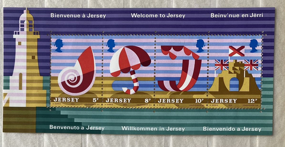 ジャージー切手★ ジャージー切手★ノーチラスシェル、ビーチパラソル、ビーチチェア、ジャージーとイギリスの旗と砂の城,1975年小型シート_画像1