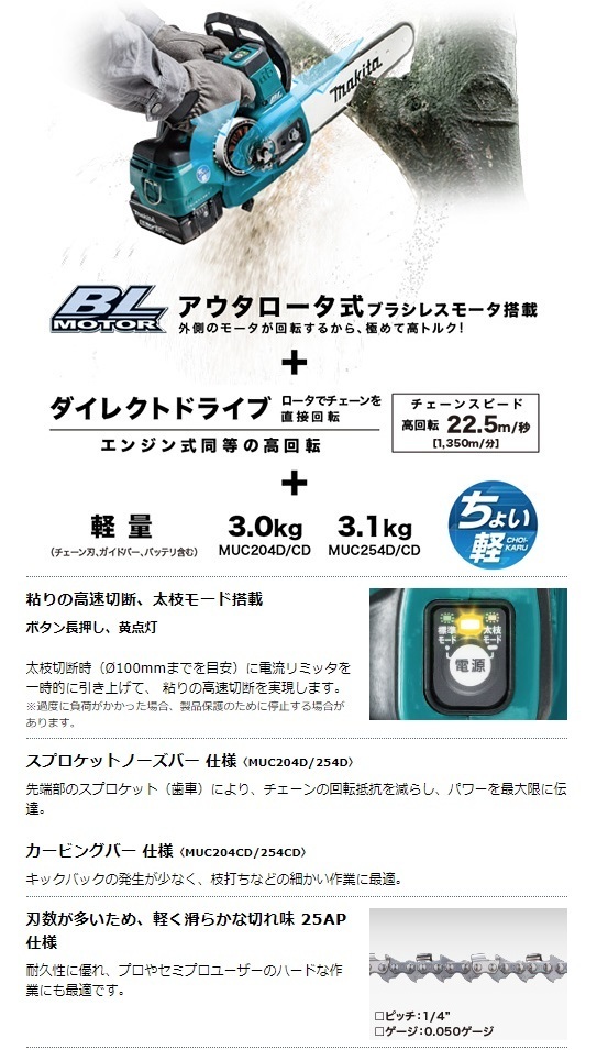 マキタ) 充電式チェンソー MUC254CDGR 赤 バッテリBL1860Bx2本+充電器