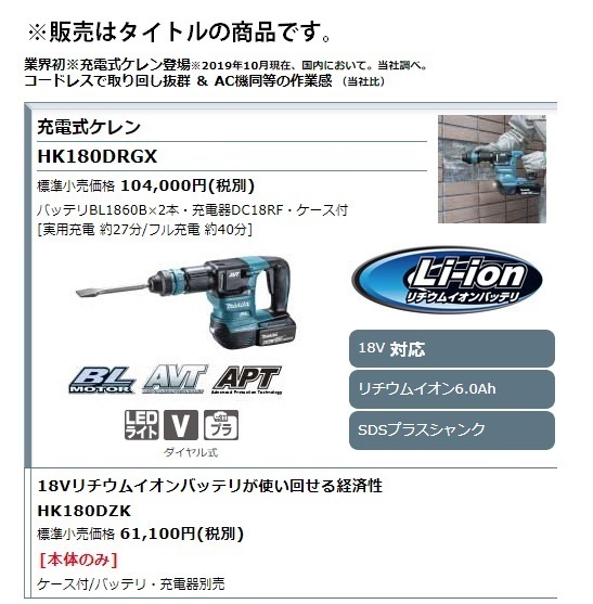 (マキタ) 充電式ケレン HK180DZK 本体+ケース付 SDSプラスシャンク 18V対応 makita_画像2