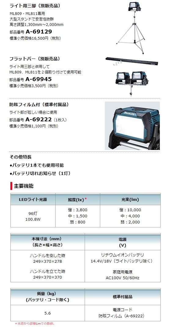 マキタ) 充電式スタンドライト ML809 本体のみ コードレス 明るさ調整3