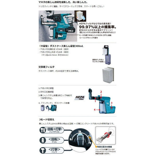 マキタ) 24mm充電式ハンマドリル HR244DZKV 青 本体+集じんシステム