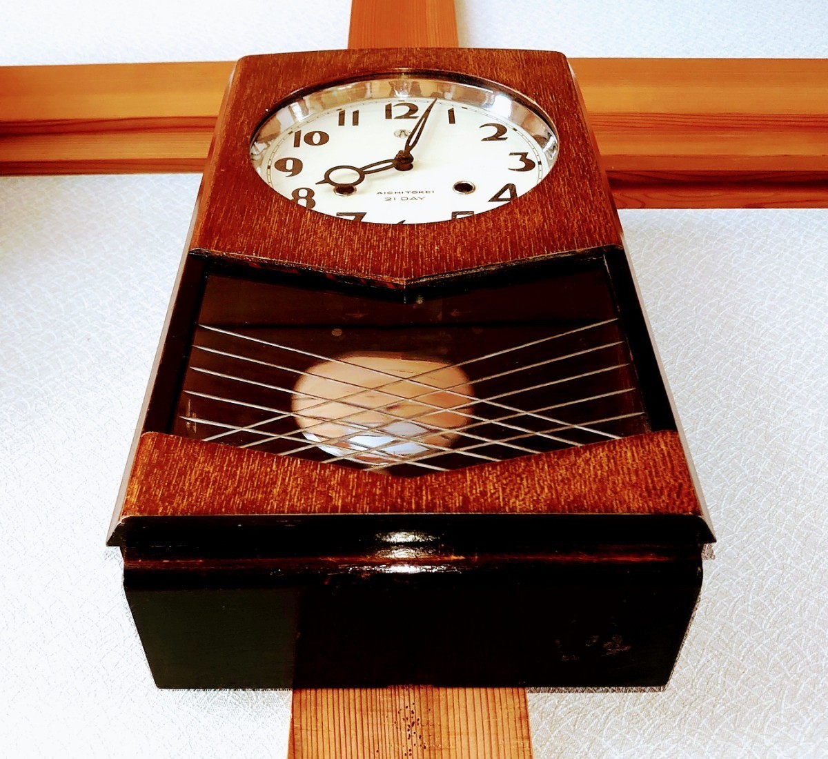 〈完動・美品〉愛知時計　21日巻き　箱型ゼンマイ振り子時計　 ボンボン時計 掛け時計