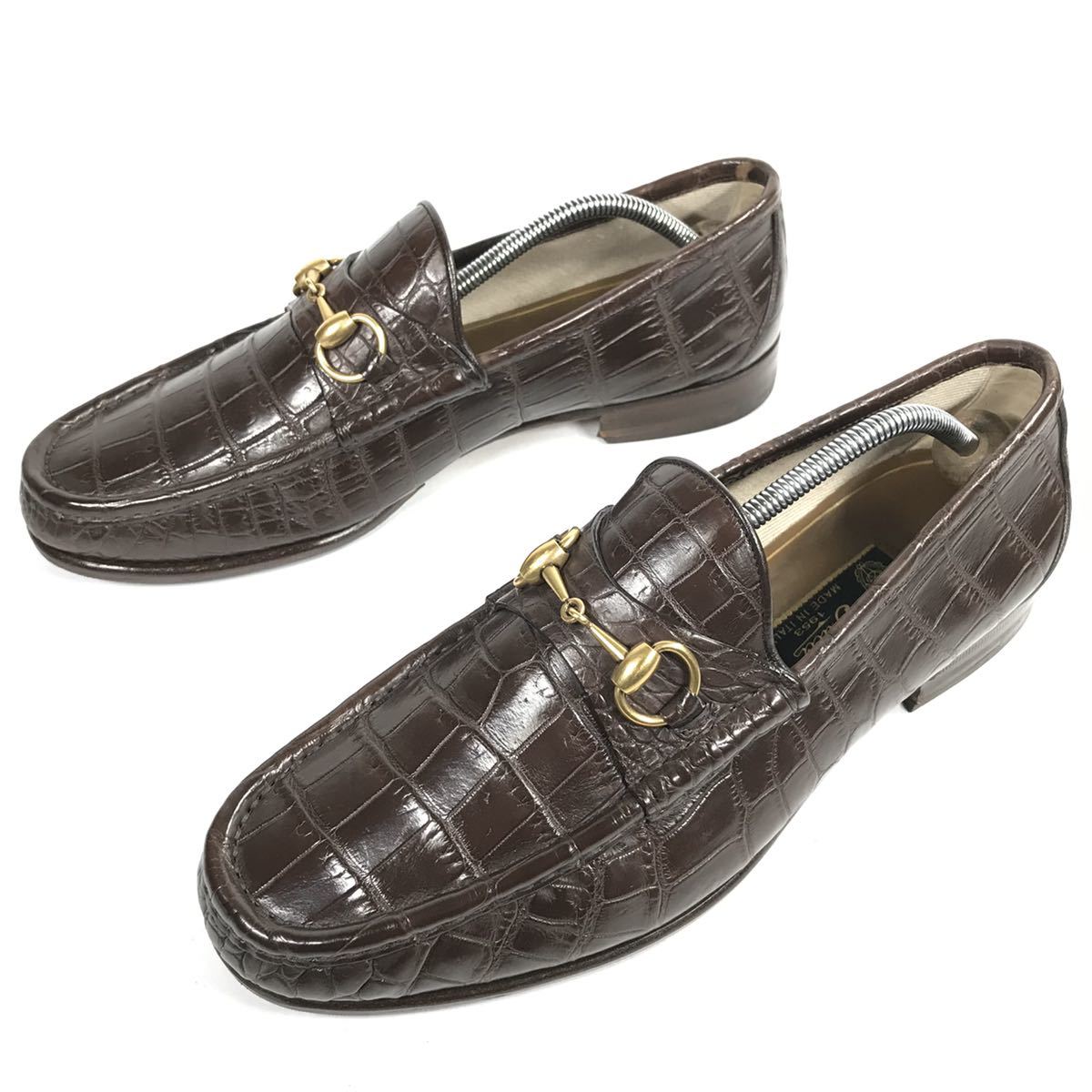 [ Gucci ] подлинный товар GUCCI обувь 28cm чай общий крокодил шланг bit bit Loafer бизнес обувь wani кожа мужской мужской Италия производства 9