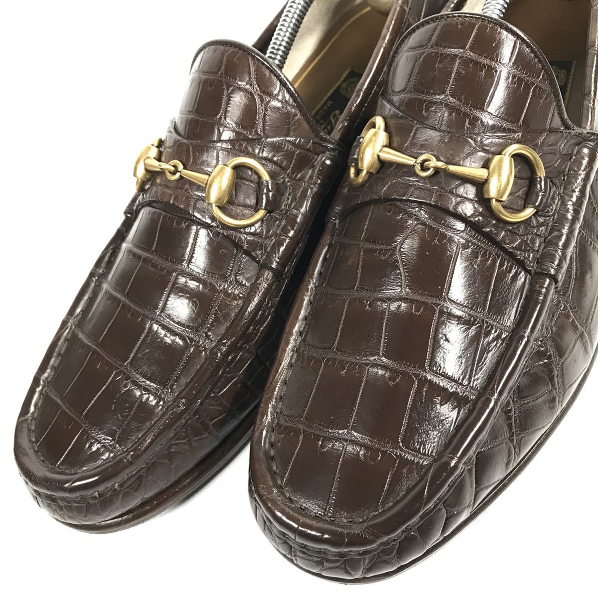 [ Gucci ] подлинный товар GUCCI обувь 28cm чай общий крокодил шланг bit bit Loafer бизнес обувь wani кожа мужской мужской Италия производства 9