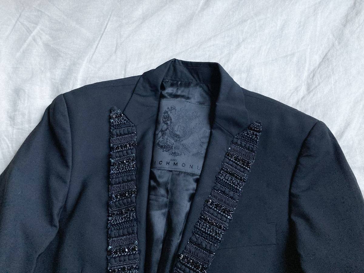 JOHN RICHMOND ジョン リッチモンド ラペル装飾 1B ドレス ウール ジャケット 黒 ブラック 46 イタリア製 ビーズ 刺繍 ストーン  ●11