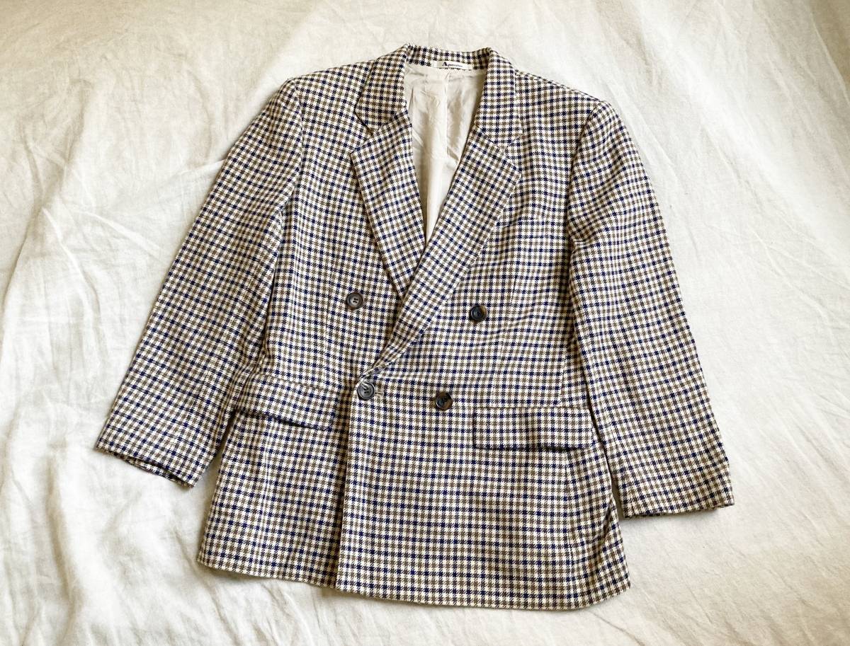 90’s Aquascutum アクアスキュータム チェック柄 シルク ウール クラシック ダブルブレスト ジャケット 9 ベージュ 紺 オリーブ ●11_画像1