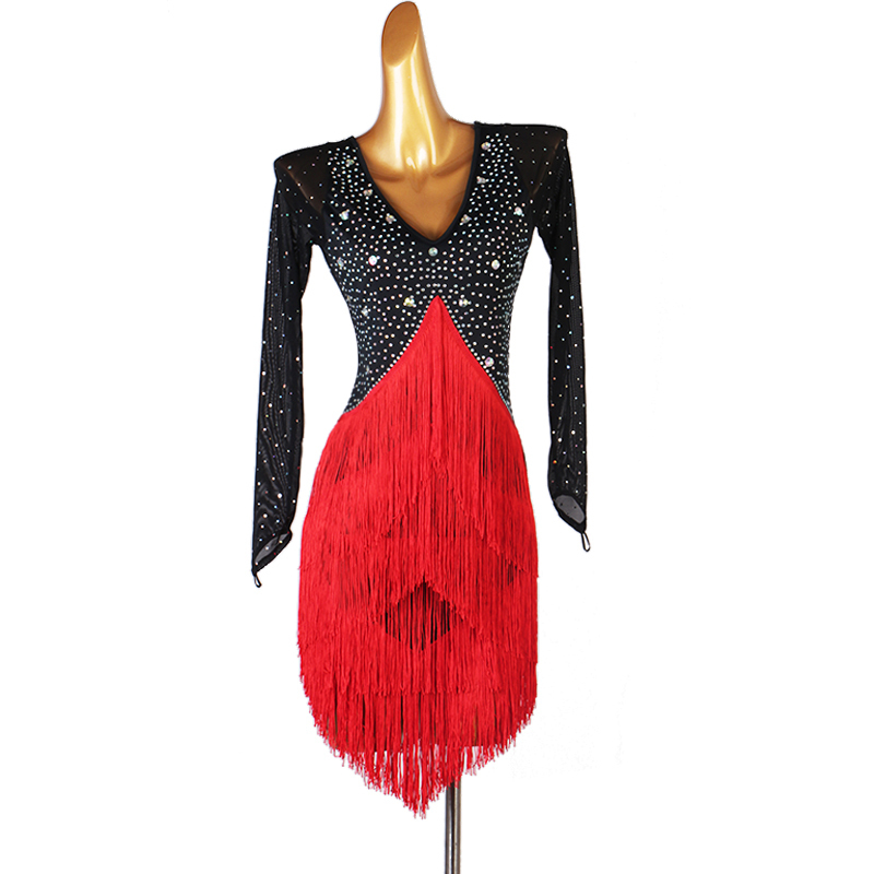 ファッション新作　レディース社交ダンス衣装　ラテンドレス　サイズ調整対応　ライトストーン飾り　赤＋黒　S～2XL