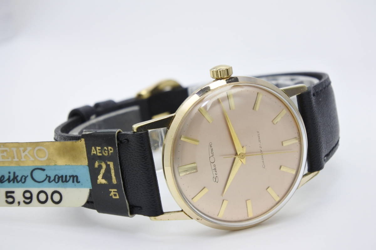 稀少モデル☆1960年製 SEIKO セイコー CROWN Ref.J14036 EGP20M ２１石手巻紳士腕時計手 稀少ピンクゴールド文字盤 中古逸品