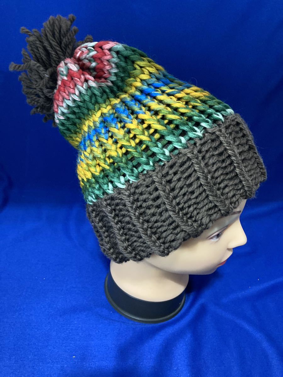 手編みニットキャップ　ウール100％　毛糸　ハット Handmade knitted multi color cap wool bulky yarn ニットキャップ サイケ tie dye_画像1