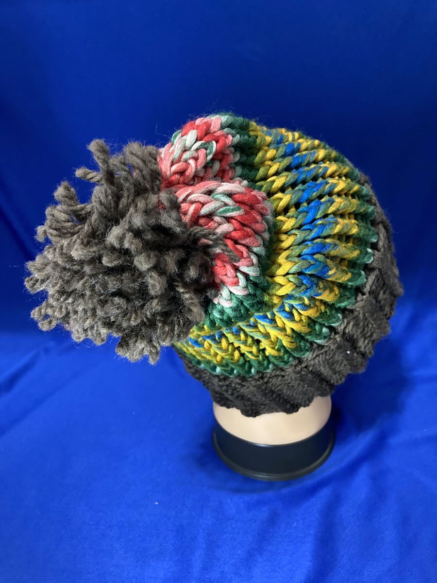 手編みニットキャップ　ウール100％　毛糸　ハット Handmade knitted multi color cap wool bulky yarn ニットキャップ サイケ tie dye_画像4