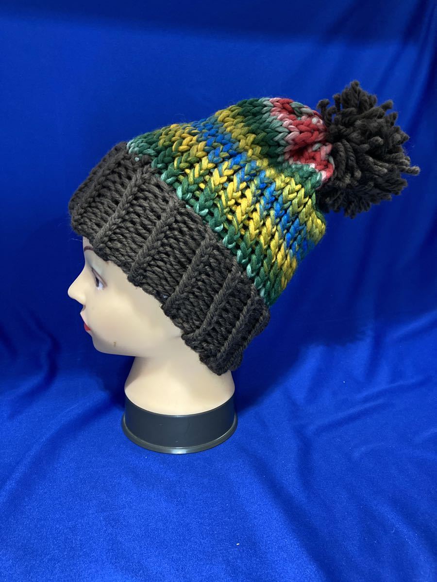 手編みニットキャップ　ウール100％　毛糸　ハット Handmade knitted multi color cap wool bulky yarn ニットキャップ サイケ tie dye_画像2