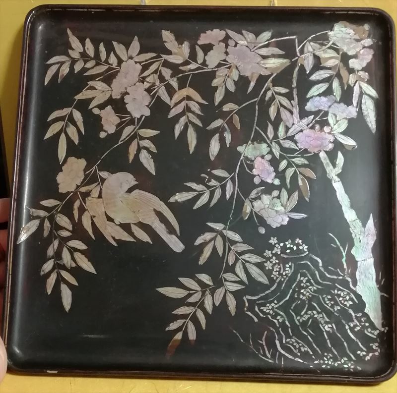 中国古玩 明代 唐物 黒漆青貝螺鈿鳥花 四方盆 香盆 茶道具