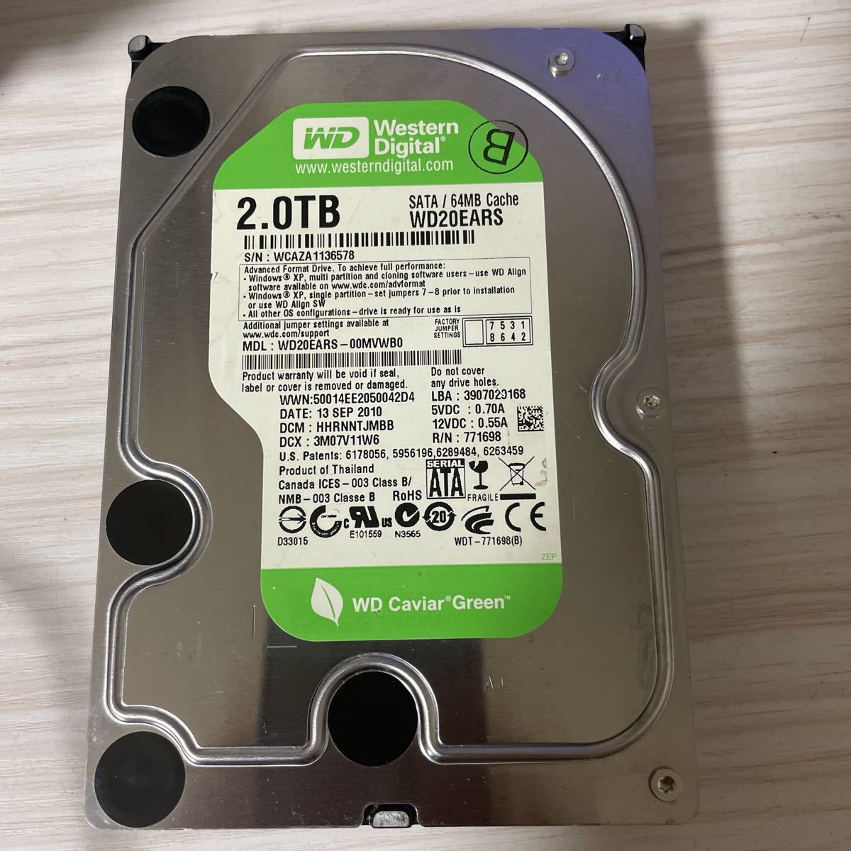 Y135:(動作ジャンク注意品/フォーマット済み/条件付き送料無料）WDC WD20EARS-00MVWB0 2TB SATA HDD_画像1