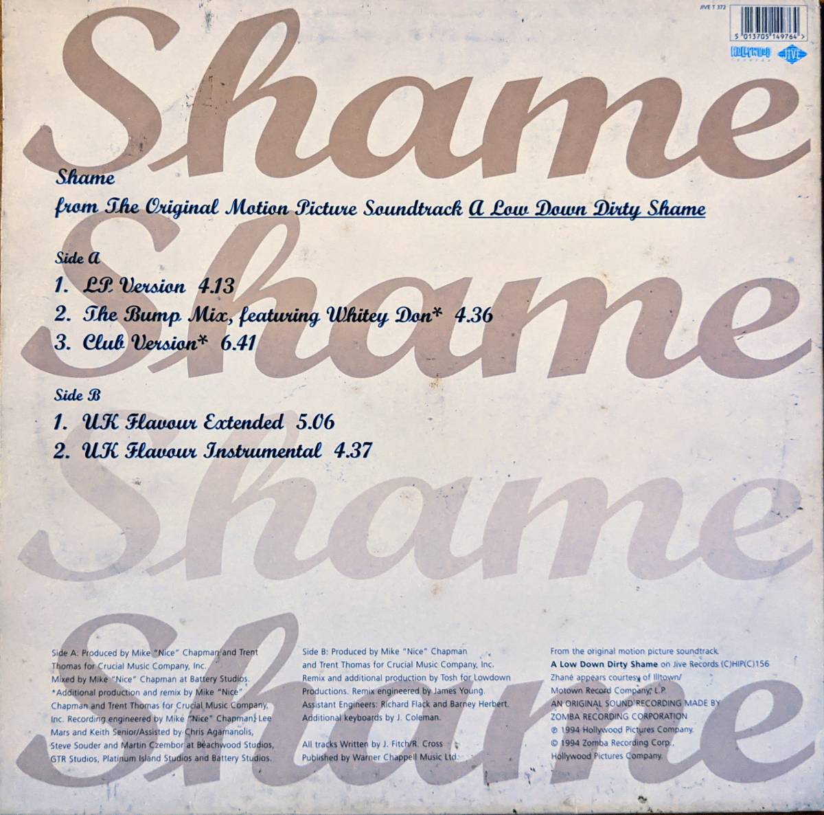 12"EPUK盤★ZHANE★Shame★5ver.★94年★OST～Low Down Dirty Shame★超音波洗浄済★試聴可能★_画像2