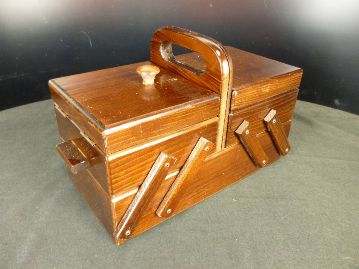 裁縫箱 二段スライドソーイングボックス 木製 昭和レトロ 小物入れ 