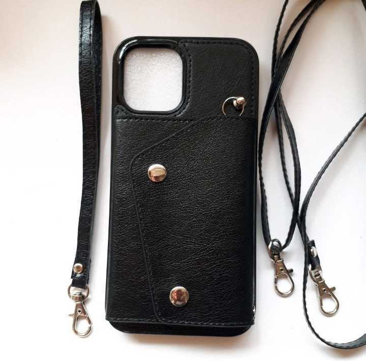 iPhone12ProMax case black black leather manner card-case belt 