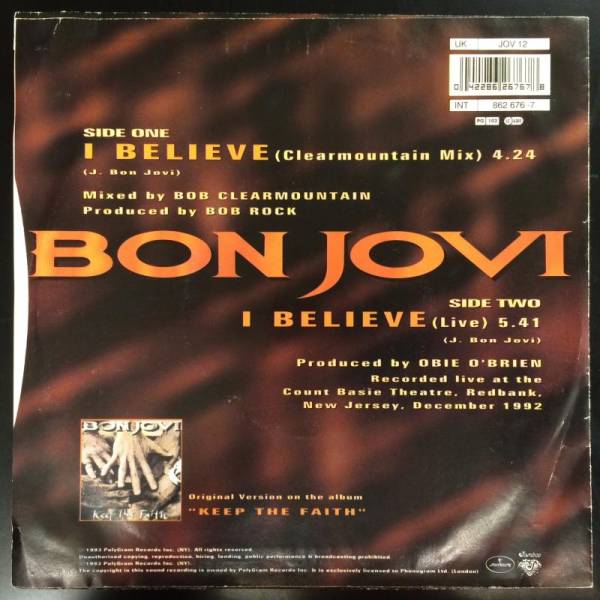 BON JOVI / I BELIEVE [CLEARMOUNTAIN MIX] (7') UK/EU盤 (i749)_画像2