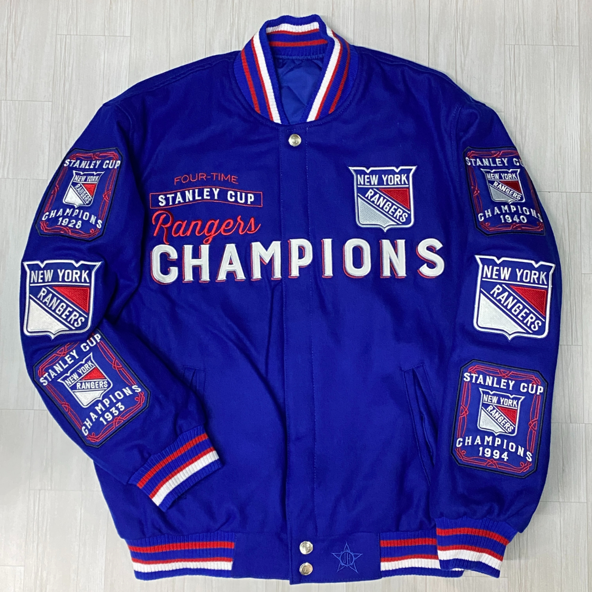 NHL公式 【L】 JHデザイン NY Rangers レンジャース 限定 スタンリー チャンピオンズ リバーシブル スタジャン USA正規品 アイスホッケー