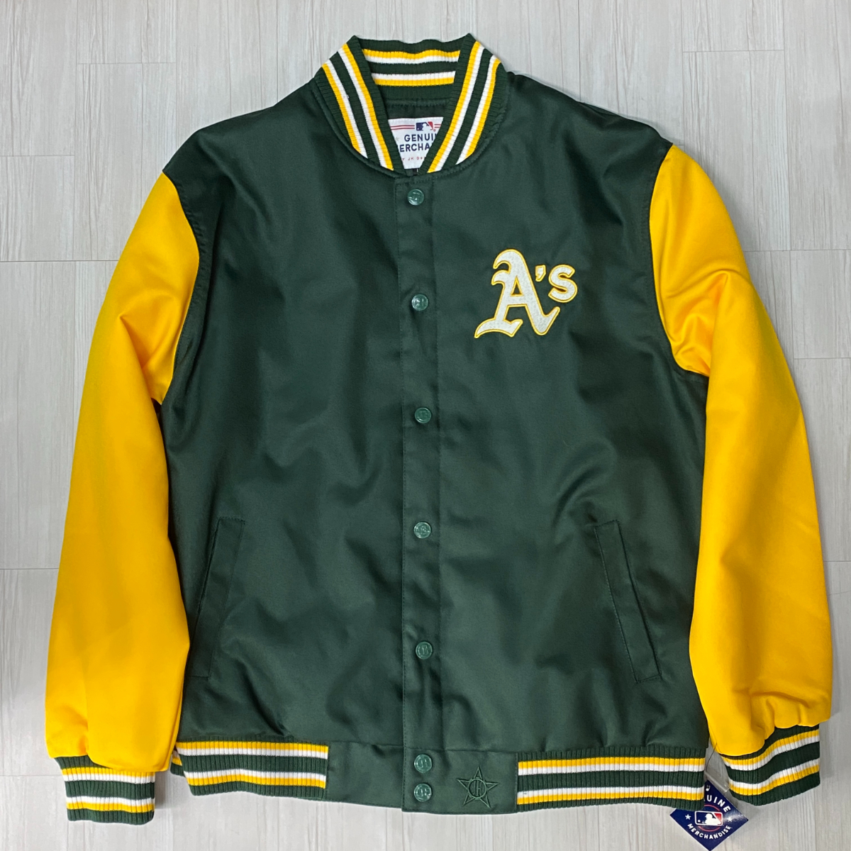 USA正規品 【L】 JHデザイン MLB オークランド アスレチックス As Athletics メジャーリーグ スタジアムジャンパー スタジャン 緑 黄色_画像1