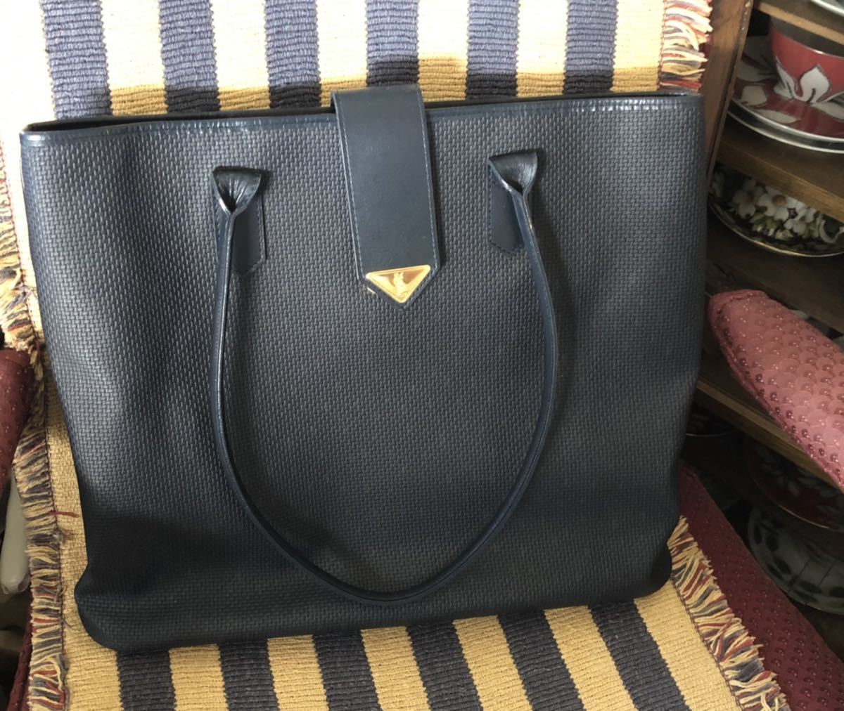 イヴサンローラン YvesSaintLaurent トートバッグ PVC(塩化ビニール)×レザー ネイビー　ビンテージ