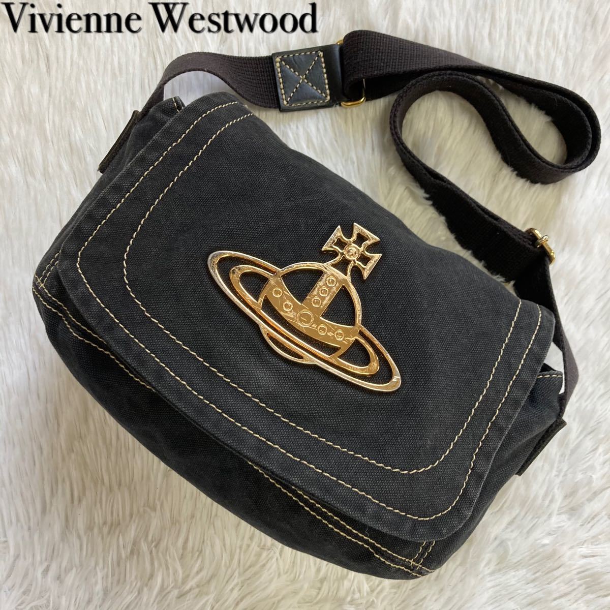 【美品】Vivienne Westwood ヴィヴィアンウエストウッド エッジウェア ショルダーバッグ オーブ ゴールド金具 キャンバス ブラック 黒
