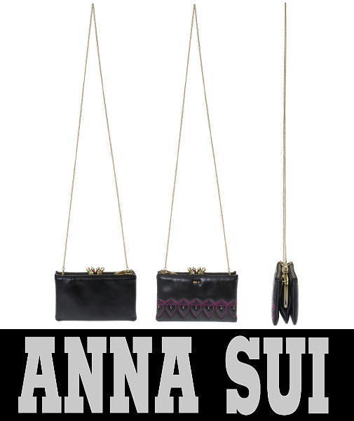 ANNA SUI（アナスイ）2WAY がま口長財布 キッシング《箱付》牛革 ブラック 黒 ウォレットショルダー 可愛いリスの口金♪ 本物保証