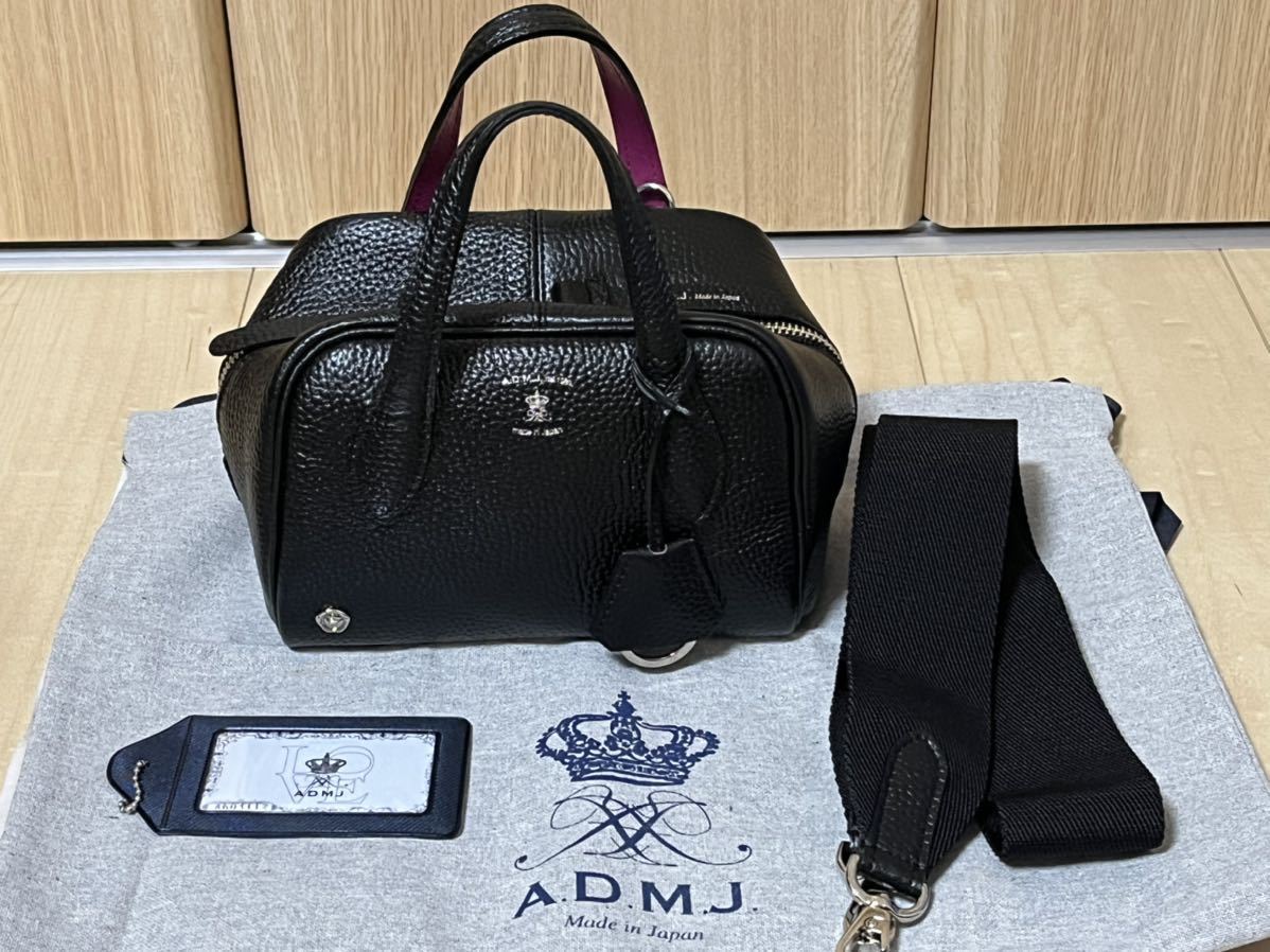 ADMJ 牛革2wayマイクロミニボストン ブラック 新品タグ付き　日本製　シルバー金具　18cm_バッグと付属品