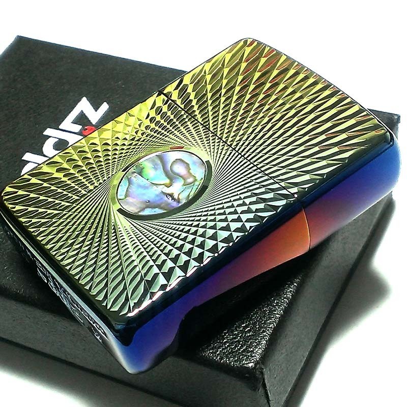 ZIPPO ライター アーマー レインボーチタン ダイヤモンドカット ジッポ チタン加工 シェル 両面加工 虹色 天然貝貼り かっこいい 