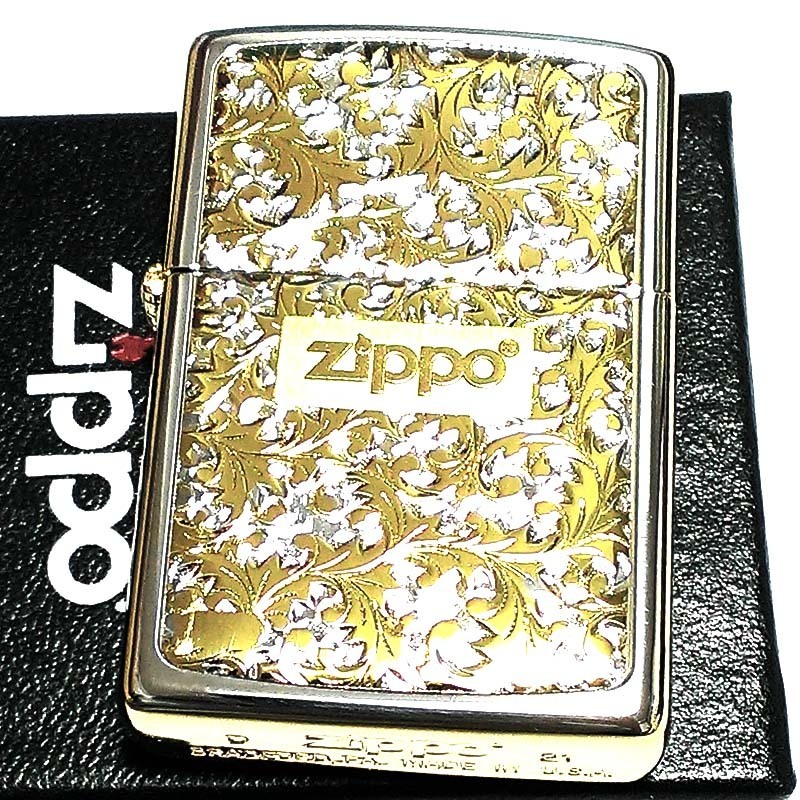 ZIPPO ライター 唐草 シルバー＆ゴールド サイドゴールド ジッポロゴ ミラー仕上げ 彫刻 プレート貼り 金銀 高級 かっこいい ギフト 