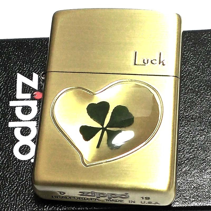 ZIPPO ライター 可愛い 本物の四つ葉のクローバー Luck アンティークゴールド ブラス ジッポ かわいい ハート 幸運 おしゃれ レディース_画像2