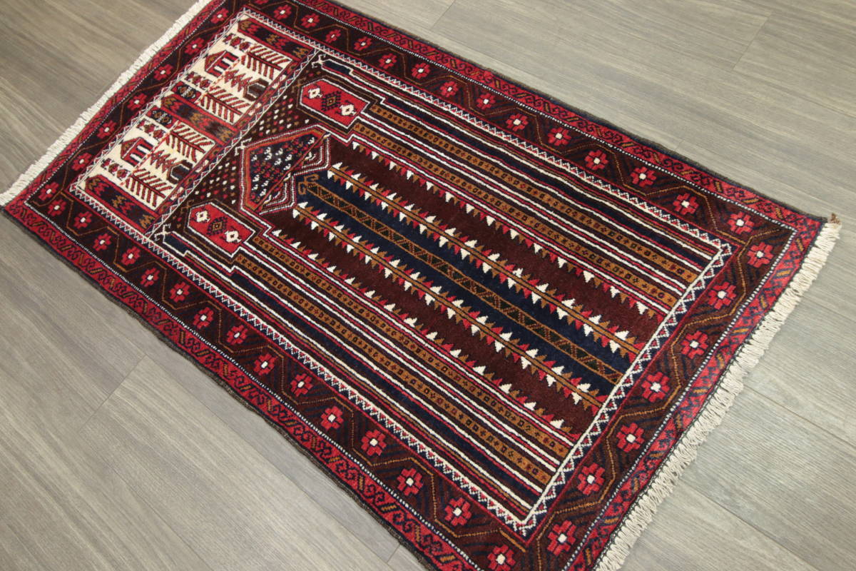 アフガニスタン　ヴィンテージラグ　オールド手織り絨毯　トライバルラグ　部族絨毯　ペルシアンバルーチ　84x142cm　＃121_画像2