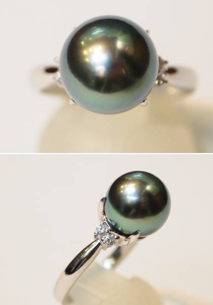 新品 送料無料 Pt900製 南洋黒真珠10.5mm ダイヤ入り シンプル リング/ピーコック パール/鑑別書付/プラチナ/ブラック/指輪/定番/値下げ_両サイドのダイヤも綺麗です。