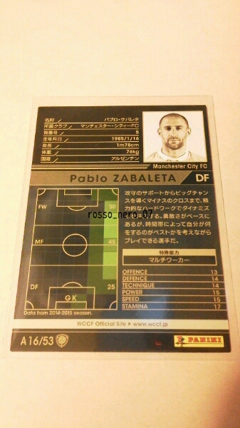 ☆WCCF2015-2016☆15-16Ver.3.0☆A16☆黒☆パブロ・サバレタ☆マンチェスター・シティーFC☆Pablo Zabaleta☆Manchester City FC☆_画像2