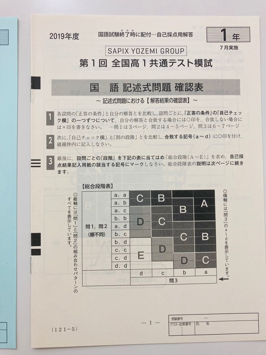 2019年　7月　代ゼミ　高1共通テスト模試　3科目セット　解答解説付　第1回