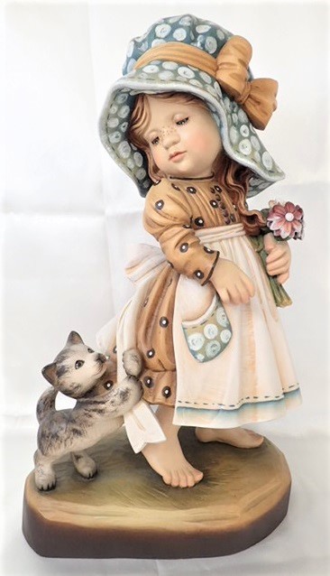 1151[TS]■ANRIアンリ■Sarah Kay（サラ・ケイ）/木彫り 人形 置物 H::約40ｃｍ/Take me along/少女 女の子 お花 猫