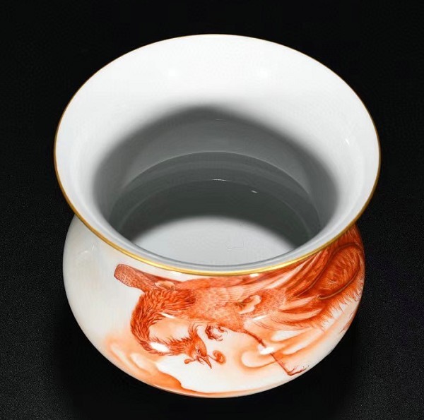 多寶屋】BA486□古美術品!大清乾隆年製銘 礬紅描金鳳凰紋渣斗 極上