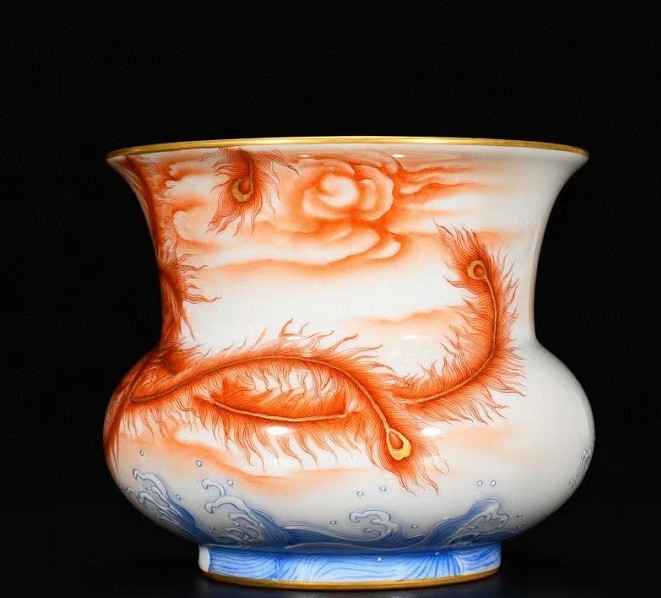 多寶屋】BA486□古美術品!大清乾隆年製銘 礬紅描金鳳凰紋渣斗 極上