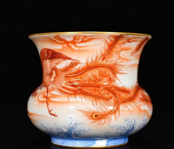 多寶屋】BA486□古美術品!大清乾隆年製銘 礬紅描金鳳凰紋渣斗 極上