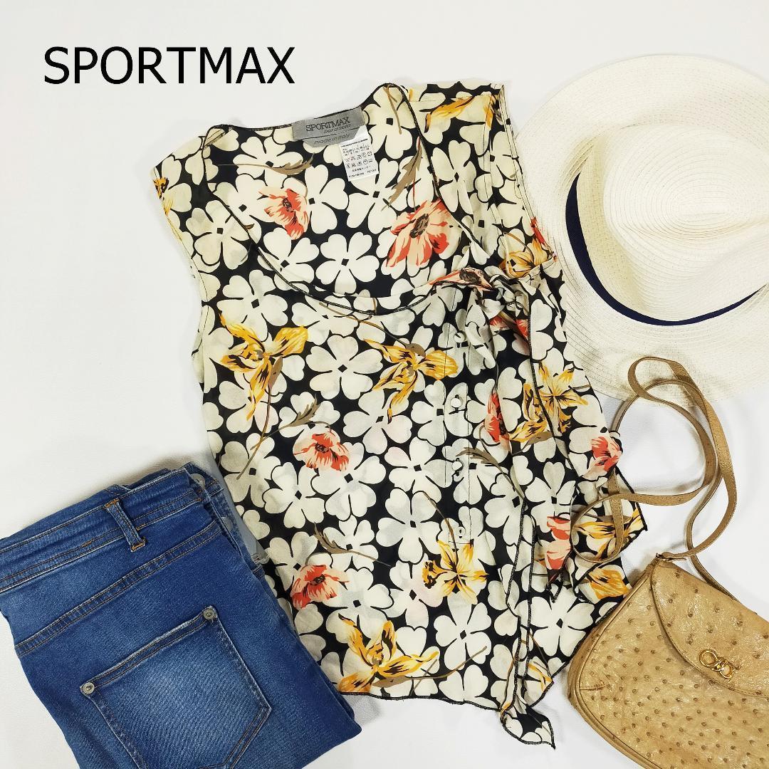 SPORTMAX ノースリーブ ブラック 黒 白 かわいい さわやか スポーツマックス カットソー サイズUSA8 M ホワイト 花柄 イタリア製 2064_画像1