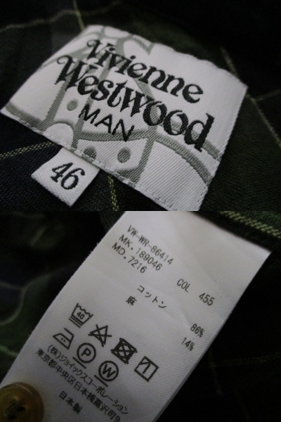 日本製 Vivienne Westwood MAN ヴィヴィアンウエストウッドマン オーブ刺繍 麻混チェックシャツ サイズ46_画像8