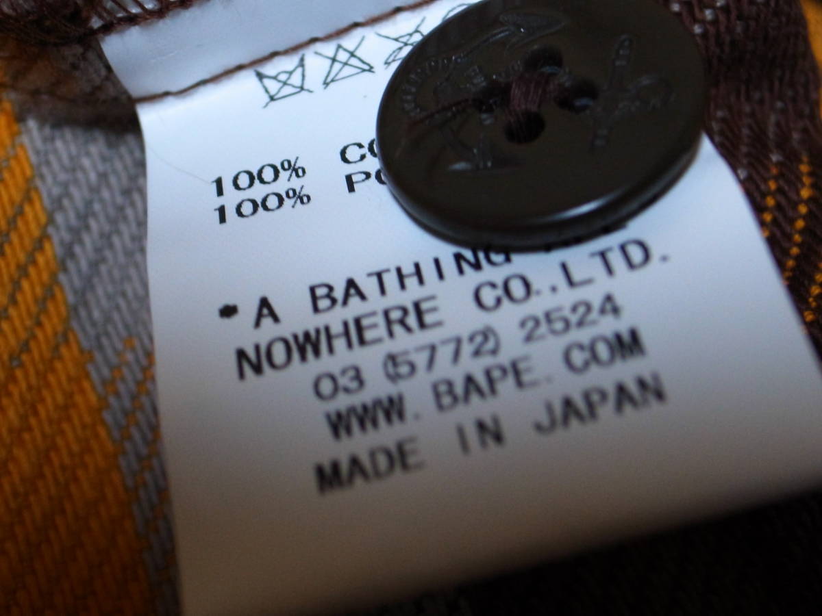 激レア★A BATHING APE エイプ★厚手 コットン シャツジャケット★バッファローチェック★ブラウン系★猿顔エルボーパッチ付き★M★BAPE_画像9