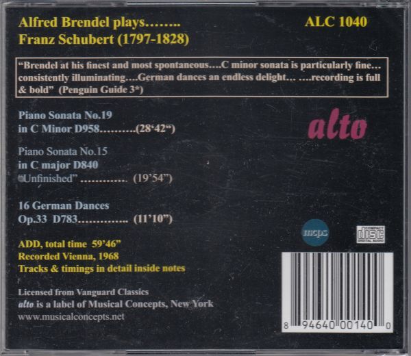 [CD/Alto]シューベルト:ピアノ・ソナタ第15番ハ長調D.840&ピアノ・ソナタ第19番ハ短調D.958他/A.ブレンデル(p) 1968_画像2