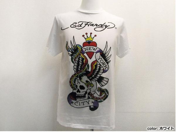 EdHardy NYCラインストーン貼付けプリント半袖Tシャツ 白ホワイト メンズS / エドハーディー男性ニューヨークシティTee