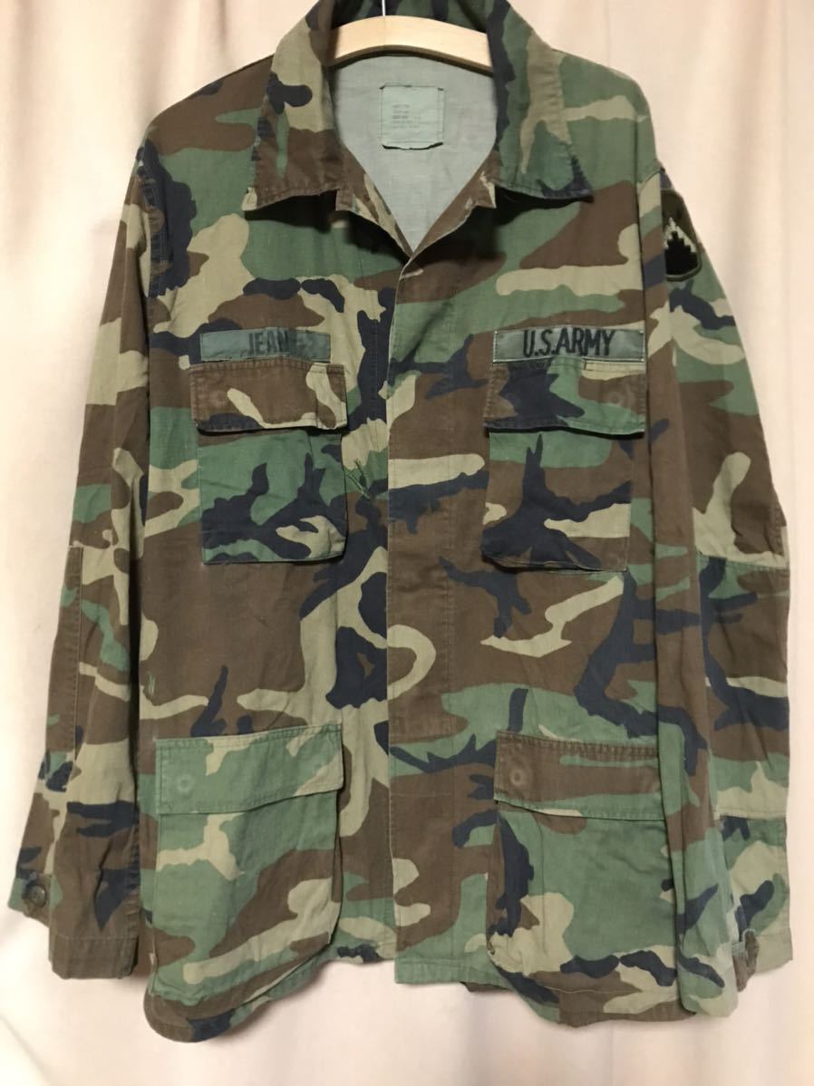 USED 80's US ARMY FATIGUE JACKET WOODLAND CAMO 中古米軍実物 BDU ウッドランドカモジャケット 実寸L-Xぐらい 長め ミリタリー 送料無料