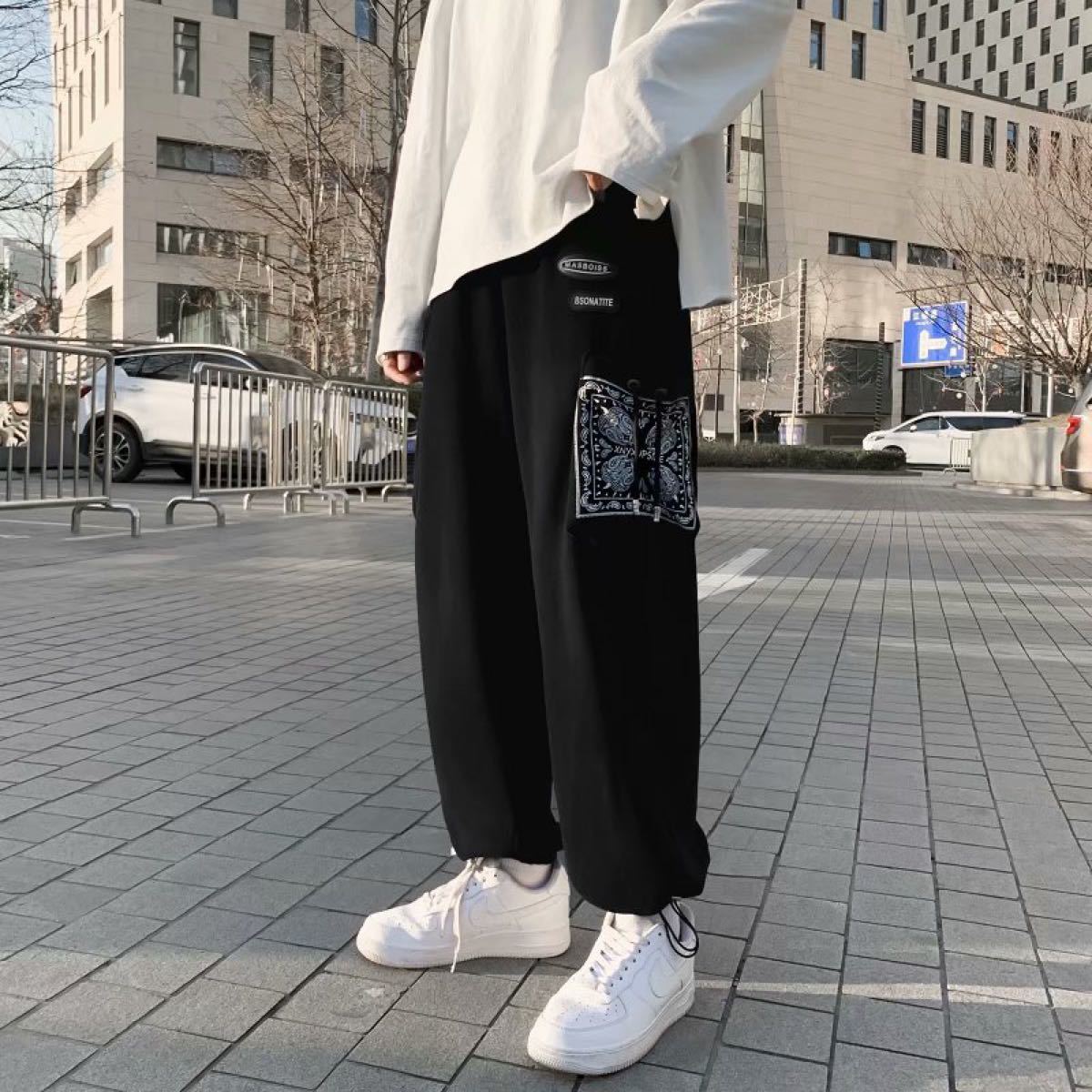 ストレートパンツ XL ワイドパンツ 白 韓国 ヒップホップ系