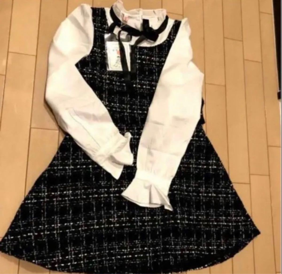 新品　チェック柄　ツイード素材 スカート　デザイン　黒 ジャンスカ風ワンピース
